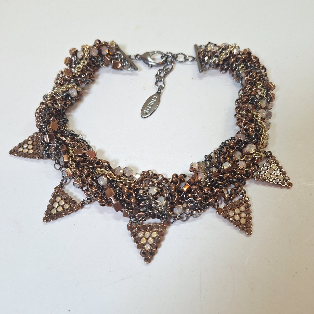 Chico's Bronze Crystal Chain Fringe Statement Necklace Boho Glam Bib‎ Collar